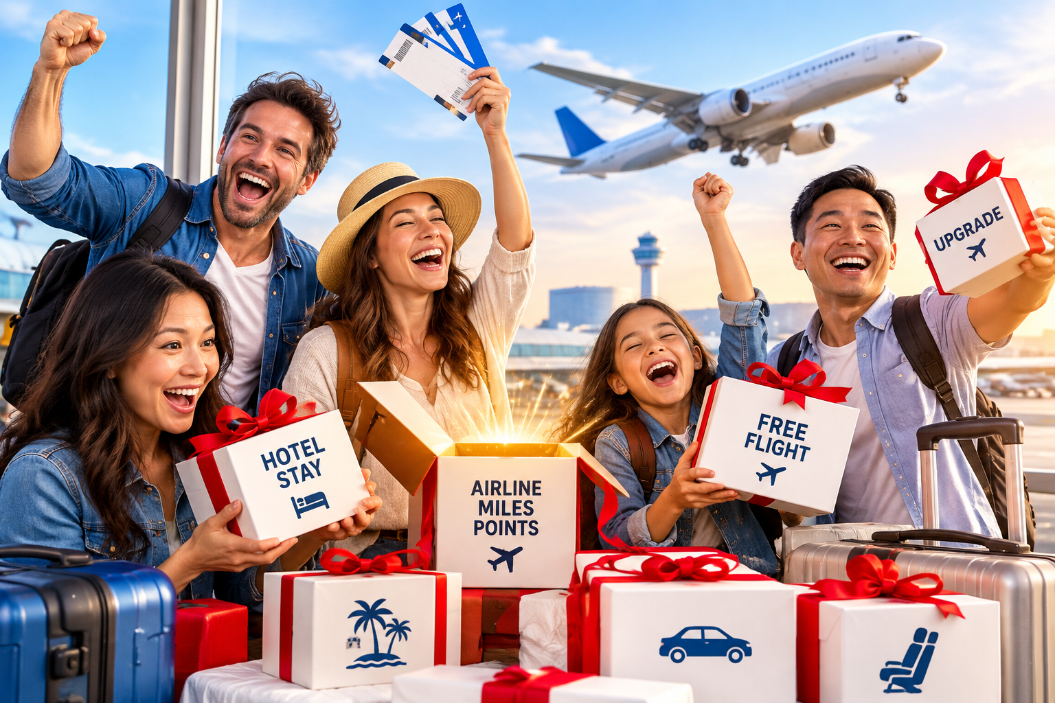 Happy travelers celebrating rewards